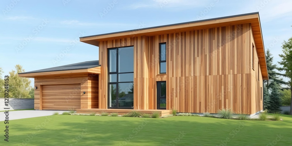 Modern wooden house with sleek wooden cladding on the facade, architecture, contemporary, modern