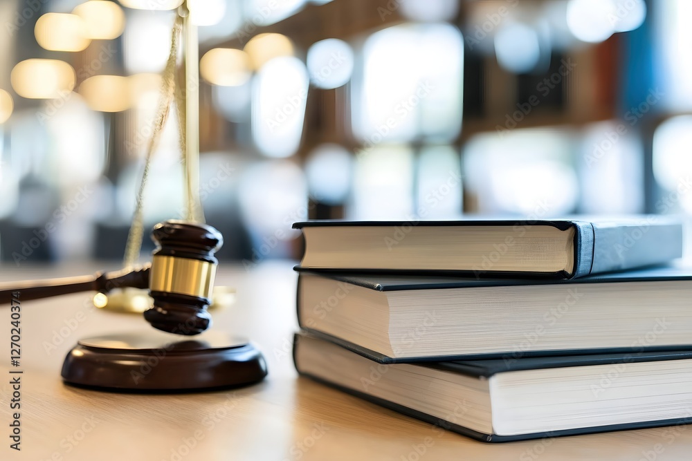 Gavel and Scales of Justice Resting on Stack of Law Books in Elegant Office Setting Gavel and Scales of Justice Resting on Stack of Law Books in Elegant Office Setting