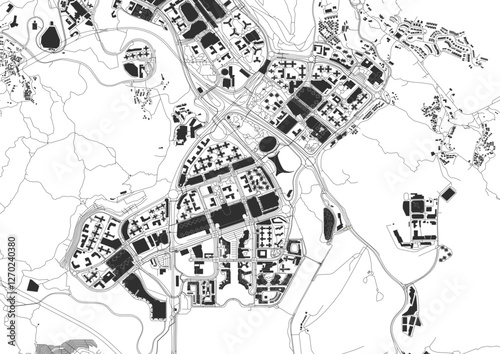 vector map of highway and buildings detail in shai kubf district in hongkong with black and white theme