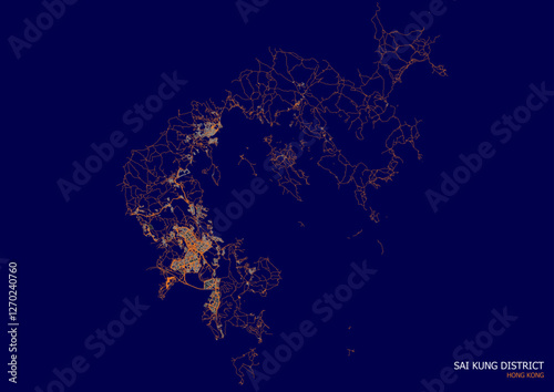 map of buildings and highways in sai kung district in hongkong with orange blue color