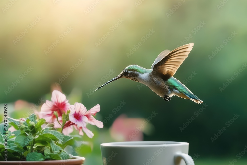 Obraz premium Colorful Hummingbird Gracefully Hovering Above Vibrant Flower Pot Filled with Lush Blossoms in a Bright Garden Setting Capturing Nature's Beauty