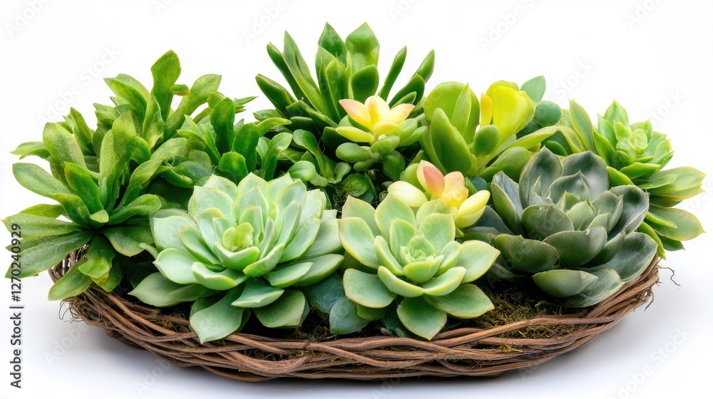A beautiful arrangement of lush green succulents in a woven basket. A beautiful arrangement of lush green succulents in a woven basket.