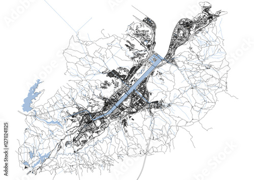vector map of highway and waterway buildings in sha tin district in hongkong with black and white theme