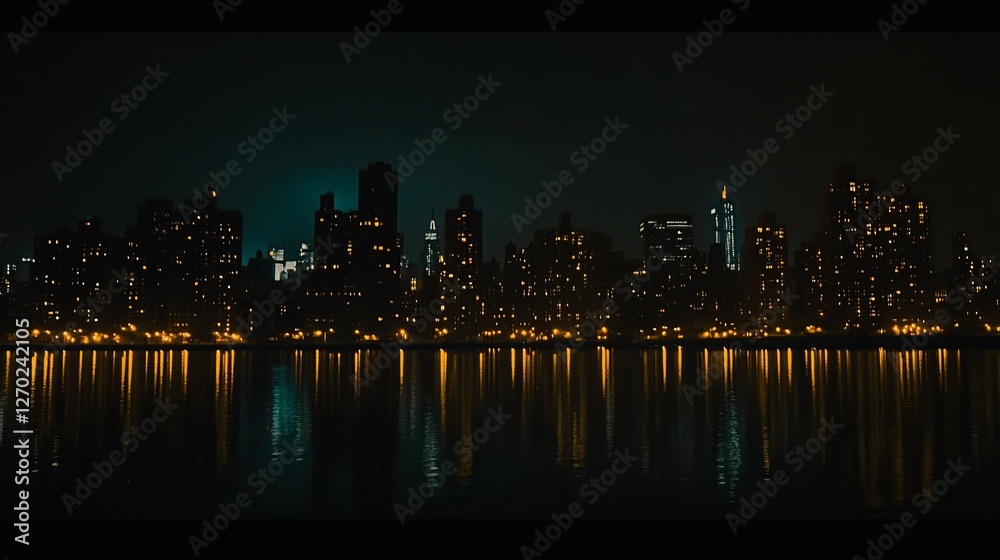 Naklejka premium Night cityscape reflection, harbor, urban skyline, glowing lights, tranquil waters, film noir aesthetic