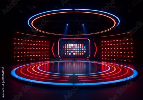 Brightly Lit Game Show Stage with Circular Platform and Display Screen