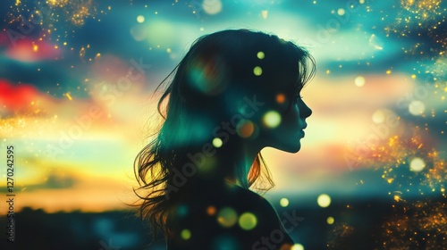 Dreamy Silhouette: Contemplative Woman Amidst Sparkling Light and Sunset Hues