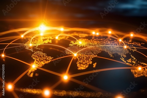 Global network connection concept with glowing dots and lines on world map background