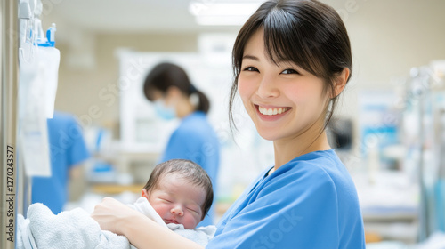 Japanese nurse doctor woman carrying a newborn baby at pediatric home care healthcare