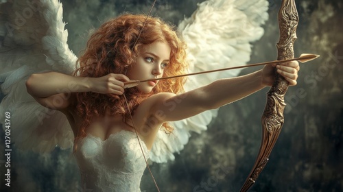 A captivating angelic archer with wings aims with bow