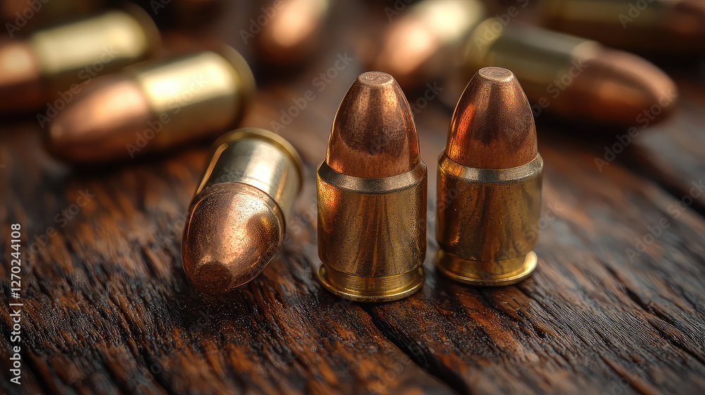 Close-up of 9mm bullets on a rustic wooden surface. Several bullets are scattered in the background, with two in focus in the foreground. Close-up of 9mm bullets on a rustic wooden surface. Several bullets are scattered in the background, with two in focus in the foreground.