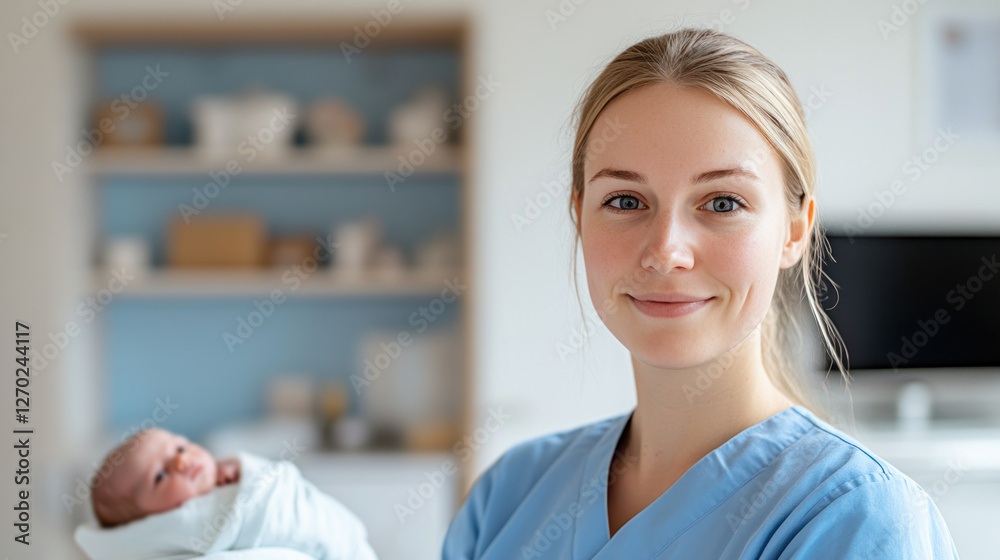 German nurse doctor woman carrying a newborn baby at pediatric home care healthcare German nurse doctor woman carrying a newborn baby at pediatric home care healthcare