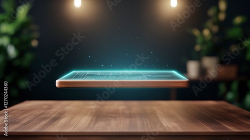 Futuristic Tablet Displaying Holographic Interface Above Wooden Surface at Night