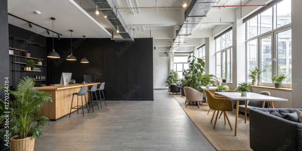 Modern Coworking Office Space with Blank Black Wall - Contemporary Design, Minimalist Decor, Inspiring Environment for Productivity and Creativity, Ideal for Startups and Freelancers Modern Coworking Office Space with Blank Black Wall - Contemporary Design, Minimalist Decor, Inspiring Environment for Productivity and Creativity, Ideal for Startups and Freelancers