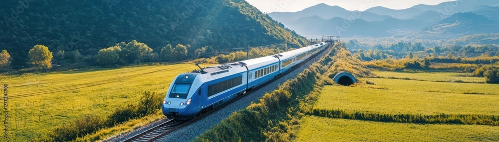 A Majestic Train Journeying Through a Lush Green Valley Surrounded by Rolling Hills and Vibrant Flora Under a Clear Blue Sky Evoking Tranquility and Wonder A Majestic Train Journeying Through a Lush Green Valley Surrounded by Rolling Hills and Vibrant Flora Under a Clear Blue Sky Evoking Tranquility and Wonder