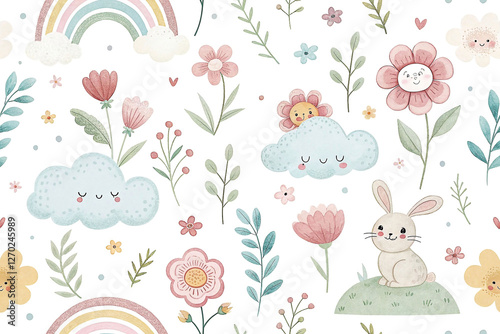 Cute floral pattern with rainbow, clouds, rabbits, and flowers.  Kids wallpaper