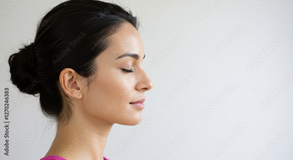 Calm Woman with Closed Eyes on White Backdrop Calm Woman with Closed Eyes on White Backdrop