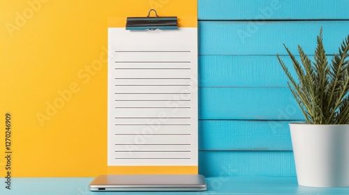 Wallpaper Mural Bright Workspace with Clipboard, Laptop and Potted Plant on Colorful Background Torontodigital.ca