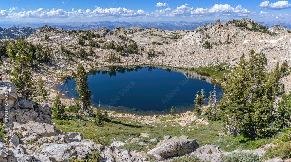 Naklejka premium Serene mountain landscape featuring a clear lake surrounded by rocky terrain and lush greenery