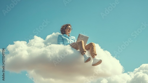 Smiling Woman Cloud Working: Laptop on Sky Dream Job