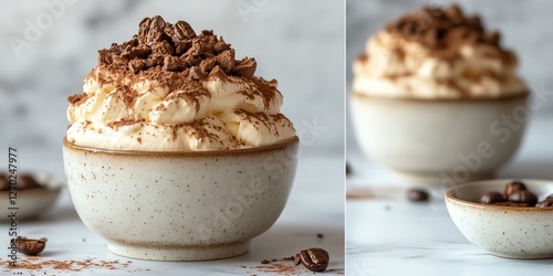 Serving Coffee Flavored Dessert with Cream and Chocolate Garnish