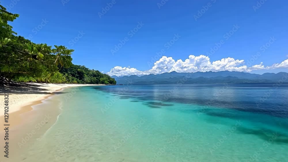 Pristine Tropical Beach with Clear Turquoise Water, Lush Green Trees, and Bright Blue Sky Offering Serene and Picturesque View of Distant Mountains and White Sand Pristine Tropical Beach with Clear Turquoise Water, Lush Green Trees, and Bright Blue Sky Offering Serene and Picturesque View of Distant Mountains and White Sand