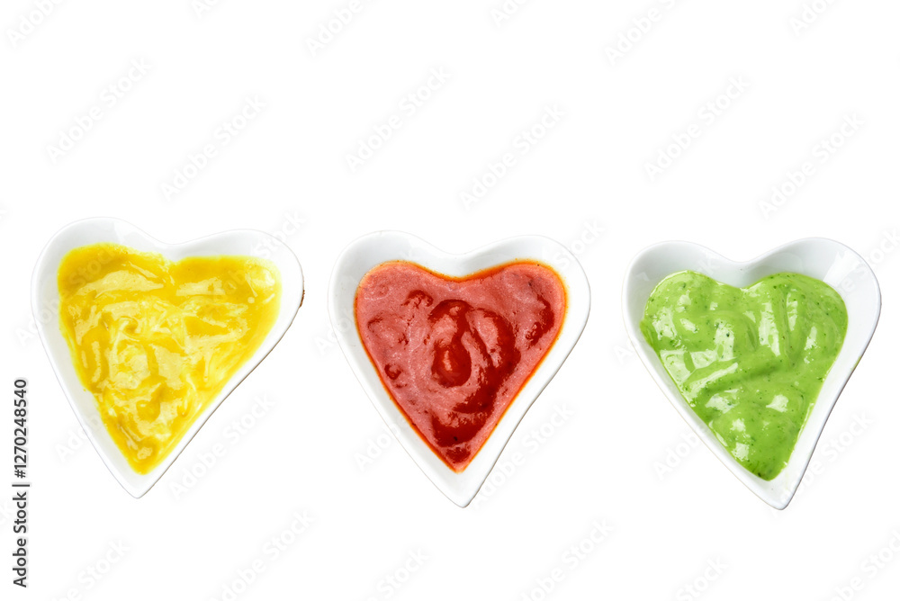 white heart shape bowl with colorful sauces on cork and bamboo mat background white heart shape bowl with colorful sauces on cork and bamboo mat background