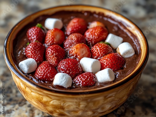Delicious Chocolate Dessert Bowl with Fresh Strawberries and Marshmallows