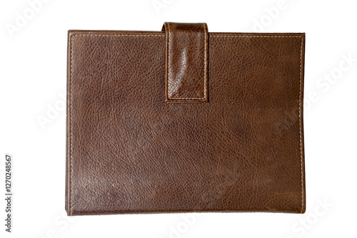 Notebook with leather cover, notepad on white background with space for text
