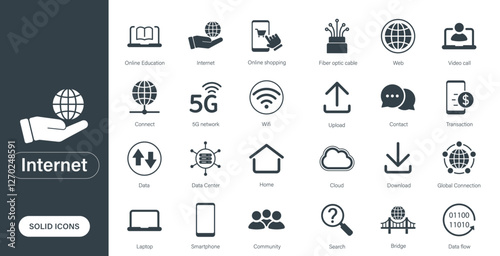 Solid vector icons on internet, network, telecommunications, technology, connect, data.