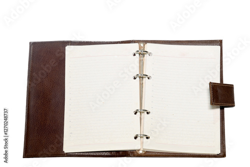 Notebook with leather cover, notepad on white background with space for text