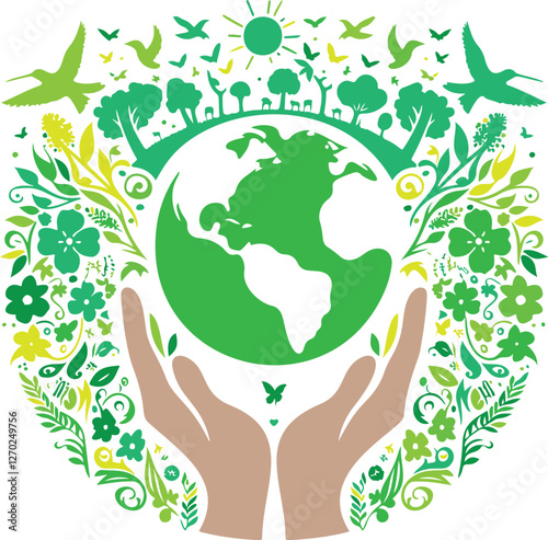 Hands holding green Earth surrounded by nature.