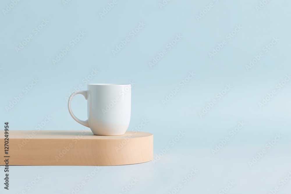 Fototapeta premium A simple and modern white mug displayed on a wooden block against a pastel blue backdrop