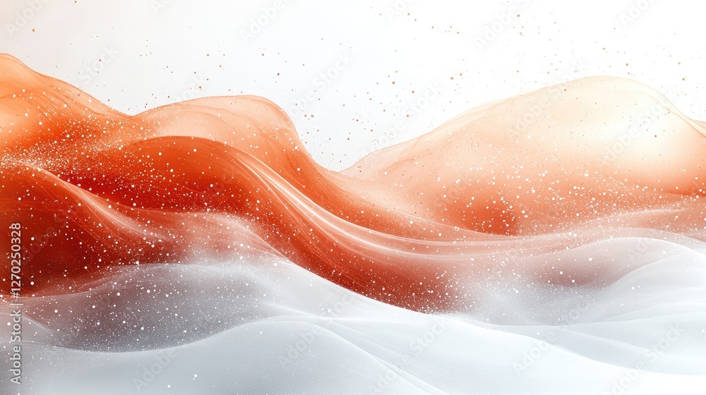 Fototapeta premium Abstract flowing waves of orange and white with sparkling particles in a soft, dreamy background