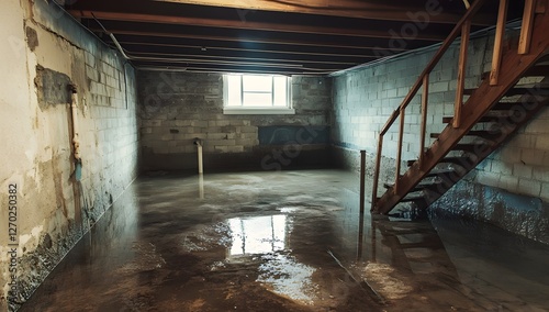 Flooded Basement Interior with Wooden Stairs