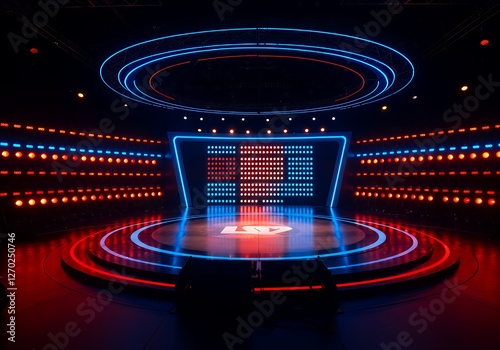 Illuminated Tv Show Stage with Blue and Red Lights Ready for Performers