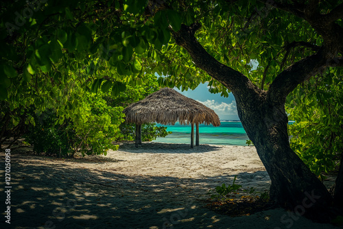 Beach with turquoise water, white sand and a thatched hut.