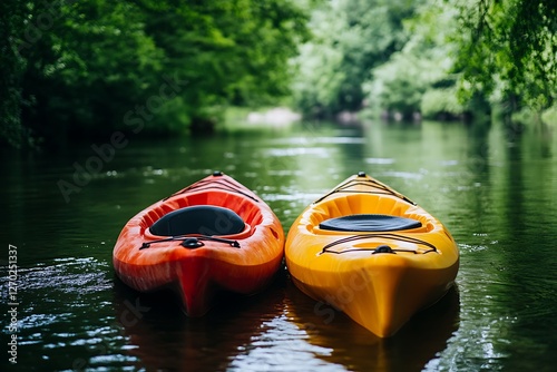 Two Kayaks on a Serene River, Perfect for Outdoor Fun