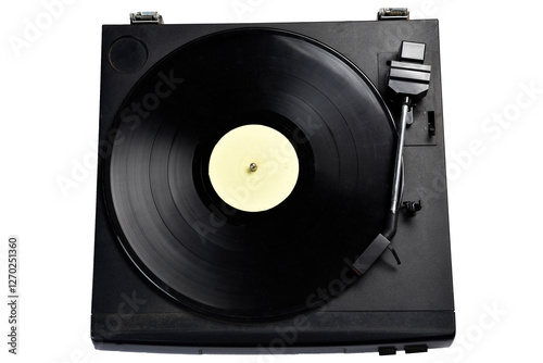 old vinyl record player on white background