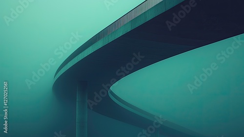 Abstract view of a winding concrete bridge disappearing into foggy atmosphere