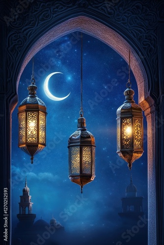 Ornate archway, hanging lanterns, starry night, mosque silhouette background photo