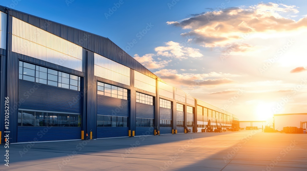 Modern industrial building with blue facade and windows under a bright sunset sky view