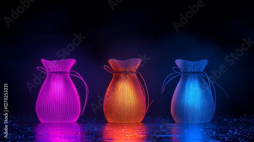 Three glowing sacks in neon colors on reflective surface.