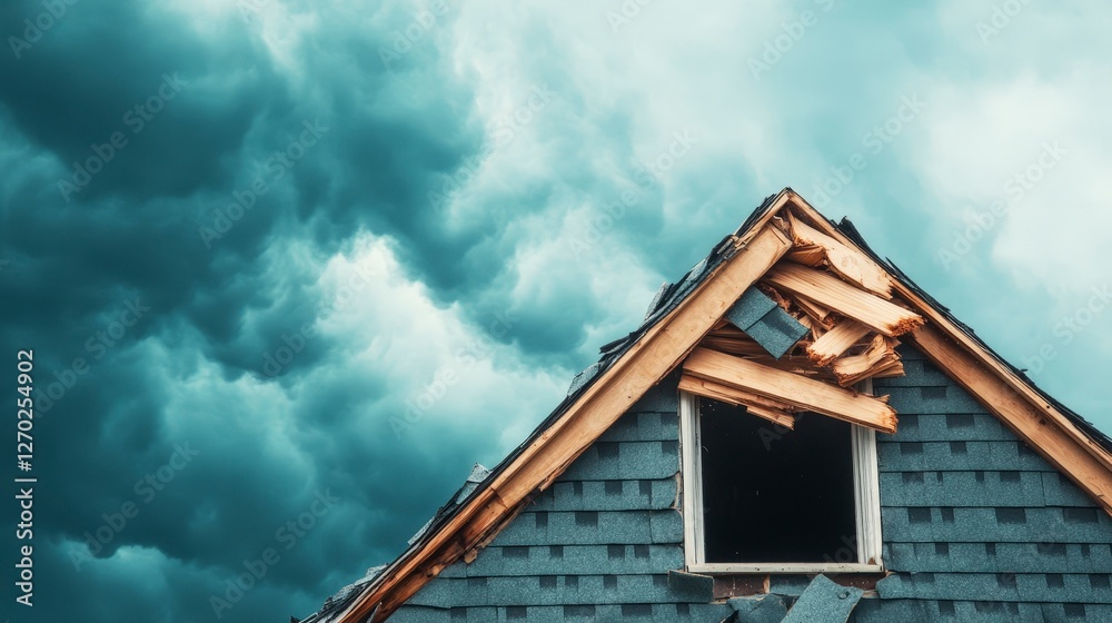 Roof Damage from Severe Weather with Dark Clouds and Stormy Background Roof Damage from Severe Weather with Dark Clouds and Stormy Background