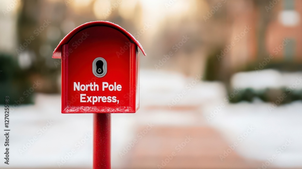 Bright Red Mailbox for Letters to Santa at North Pole Express in Winter Scene