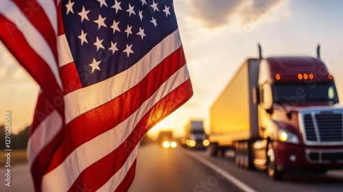 American Flag in Foreground with Truck Driving on Highway at Sunset