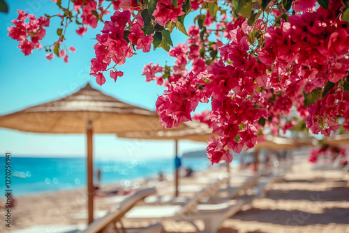 Fototapeta Naklejka Na Ścianę i Meble -  Vibrant red bougainvillea bushes line the beach with straw umbrellas and white sun loungers overlooking the Red Sea.