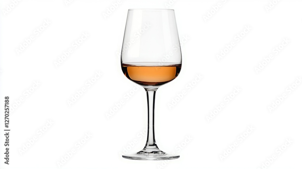A glass of rosé wine on a white background. The clear glass shows off the pale pink color of the wine. A glass of rosé wine on a white background. The clear glass shows off the pale pink color of the wine.