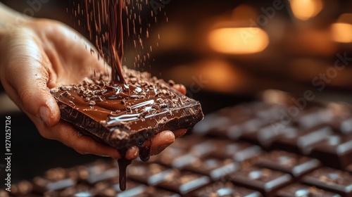 Hand Holding Chocolate Bar with Melted Chocolate Dripping Down photo