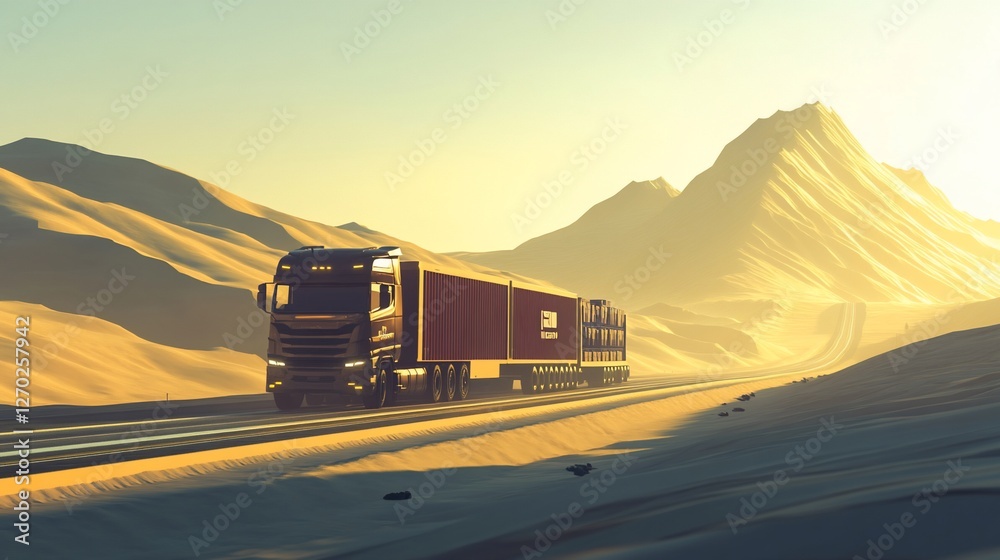 A semi-truck with cargo containers drives through a desert landscape at sunset with mountains A semi-truck with cargo containers drives through a desert landscape at sunset with mountains
