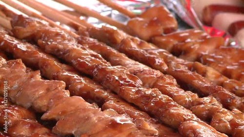 pork chops on a grill, 포장마차 닭꼬치